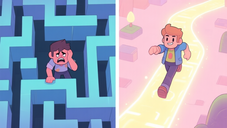 自动生成图片: A split-screen illustration showing a frustrated player in a complex maze on one side, and a confident player smoothly navigating a glowing path on the other, in a soft pastel game art style high quality illustration, detailed, 16:9