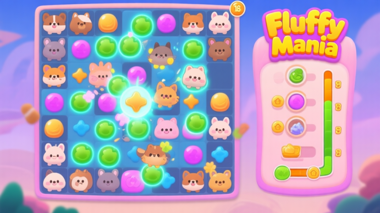 自动生成图片: A vibrant, stylized game screenshot of Fluffy Mania showing a chaotic match-3 board with cute animal characters, glowing combos, and a complex resource bar on the side, soft pastel color palette, digital art style high quality illustration, detailed, 16:9