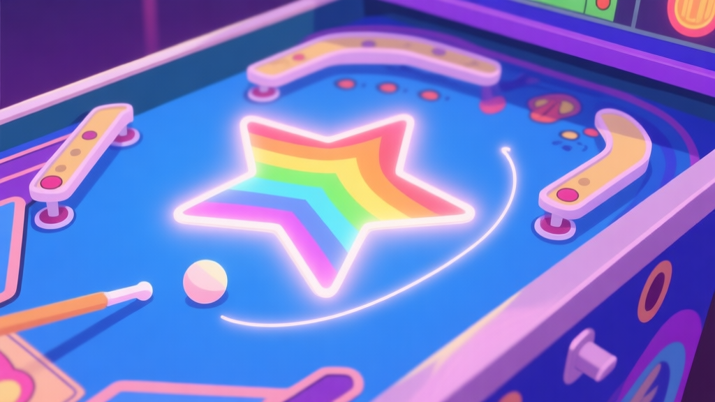 A stylized, top-down view of a vibrant pinball table with a rainbow-colored star at the center, glowing with soft light. The flippers are poised, and the ball's path is traced with a subtle, glowing line. Soft pastel color scheme with deep blues and purples. high quality illustration, detailed, 16:9