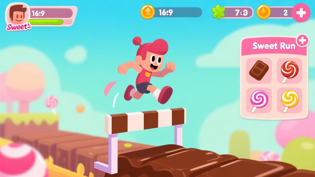 A vibrant yet soft-colored game screenshot of Sweet Run, showing a character mid-jump over a chocolate hurdle, with a complex score multiplier and candy collection UI visible, in a flat illustration style high quality illustration, detailed, 16:9