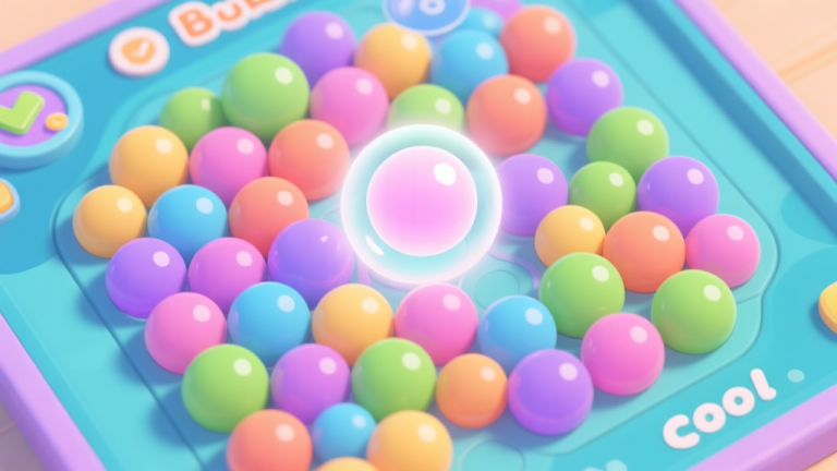 自动生成图片: A top-down view of a vibrant Bubbles Cool game board in mid-action, showing a complex cluster of colorful bubbles, with one strategic bubble highlighted in a soft glow, soft pastel color palette, clean and inviting game interface high quality illustration, detailed, 16:9