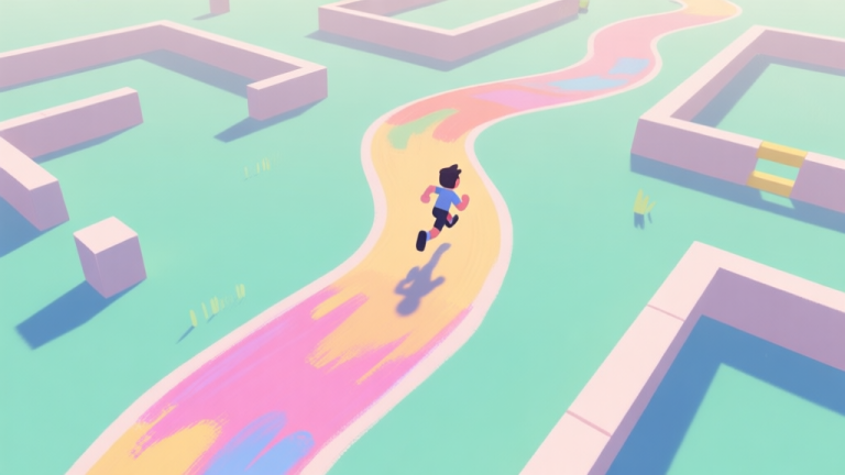 自动生成图片: A stylized game screenshot showing a vibrant, painted path winding through a minimalist obstacle course, with a small character mid-run, soft pastel colors, clean lines, top-down perspective high quality illustration, detailed, 16:9