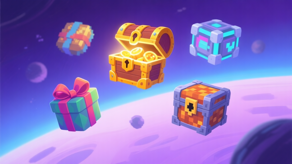 A vibrant collage of various video game loot containers floating in space: a glowing treasure chest, a mysterious wrapped gift box with a bow, a futuristic loot crate, and a pixelated mystery box, on a soft gradient purple and blue background, digital art style high quality illustration, detailed, 16:9