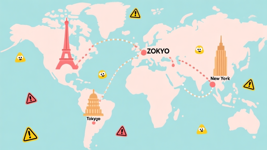 A cheerful, minimalist map illustration with iconic landmarks from cities like Paris, Tokyo, and New York, connected by a dotted tour route. Soft pastel color palette with playful, cartoonish danger symbols scattered around high quality illustration, detailed, 16:9