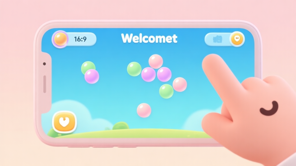 A welcoming, soft-colored game interface of a bubble shooter game on a mobile device, showing early levels with simple clusters of pastel-colored bubbles, a friendly tutorial hand pointer, and a calm, encouraging vibe high quality illustration, detailed, 16:9