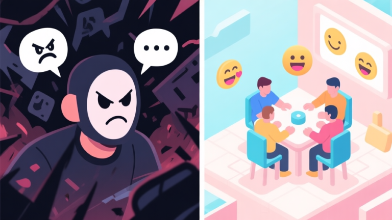 自动生成图片: Split-screen illustration showing contrast in gaming experiences. Left side: dark, chaotic scene with angry speech bubbles and a character with a frowning mask. Right side: bright, calm scene with cooperative players and positive emojis. Soft pastel color palette, isometric view high quality illustration, detailed, 16:9