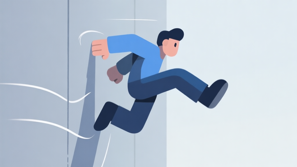 A simple, clean side-view illustration of a stylized game character performing a wall jump against a flat surface, showing the push-off motion with subtle motion lines, soft color palette with blues and grays high quality illustration, detailed, 16:9