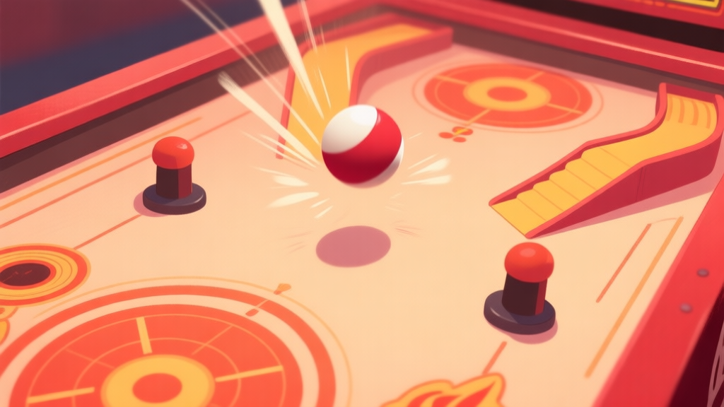 A dynamic, top-down view of a Firefighter Pinball table in soft, illustrative style. The ball is frozen mid-air, ricocheting between two bumpers, with subtle motion trails. The color palette is warm with soft reds, oranges, and yellows, highlighting key targets and ramps. high quality illustration, detailed, 16:9