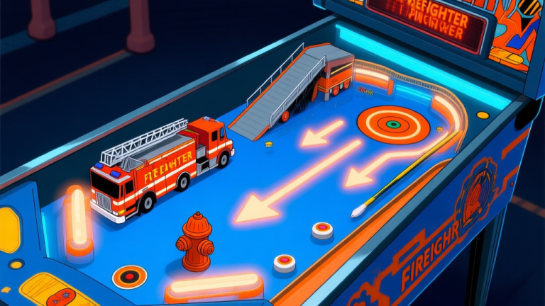 自动生成图片: A dynamic, top-down view of a Firefighter Pinball table, with glowing arrows highlighting key shots like the fire truck ramp and the hydrant target, in a cool blue and orange color scheme high quality illustration, detailed, 16:9