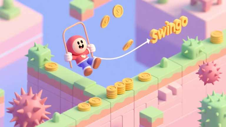 自动生成图片: A vibrant, isometric view of a Swingo level, showing the cartoonish character mid-swing, trajectory lines, coin clusters, and spiky obstacles, in a soft pastel color palette high quality illustration, detailed, 16:9