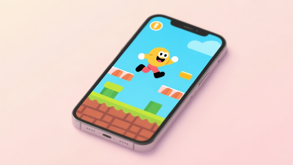 A minimalist smartphone screen showing a simple, colorful endless runner game with a cheerful character jumping over obstacles, placed on a soft pastel background, flat design style high quality illustration, detailed, 16:9