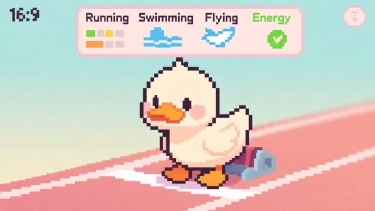自动生成图片: A cute pixel-art duck character standing at a starting line, looking determined, with stats like Running, Swimming, Flying, and Energy displayed above its head in a simple UI, soft pastel colors high quality illustration, detailed, 16:9