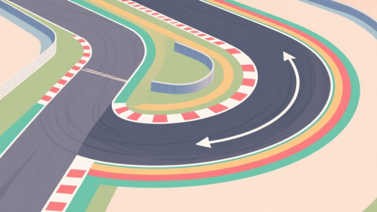 自动生成图片: A top-down view of a complex racing track corner, showing two colored racing lines, one taking the traditional inside path and another taking a wider, unconventional outside line, with speed arrows indicating faster exit velocity for the wider line, soft color palette high quality illustration, detailed, 16:9