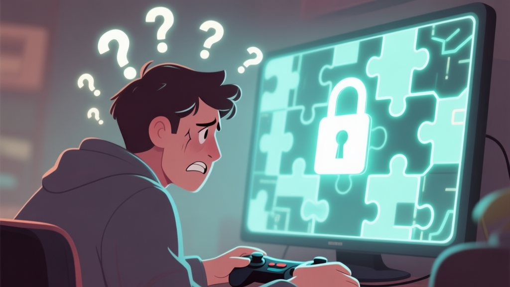 A frustrated gamer looking at a complex, glowing puzzle lock on a screen, with question marks floating around their head, soft lighting, muted colors high quality illustration, detailed, 16:9