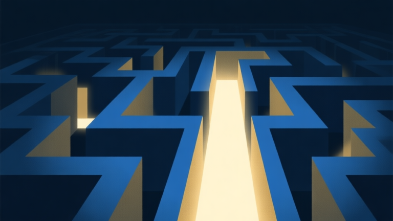 自动生成图片: A minimalist game scene showing a single, glowing path forward in a dark maze, with multiple confusing, dimly lit side paths branching off, soft blue and gold color scheme, flat design style high quality illustration, detailed, 16:9