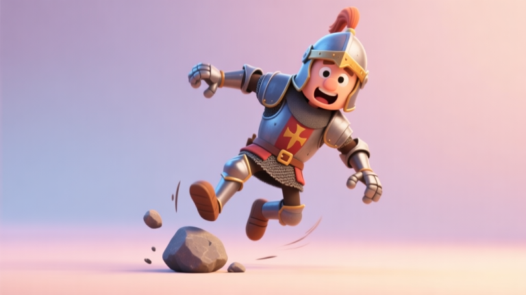 自动生成图片: A humorous 3D render of a cartoonish video game character in medieval armor, tripping over a tiny rock and tumbling in a exaggerated ragdoll physics sequence, soft lighting, pastel color palette, comedic video game art style high quality illustration, detailed, 16:9