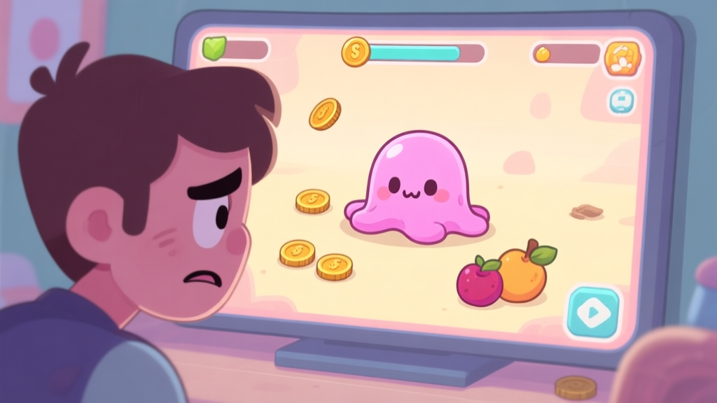 A frustrated player looking at a game screen with a cute but low-level slime, surrounded by scarce resources like few coins and fruits, in a soft pastel game art style high quality illustration, detailed, 16:9
