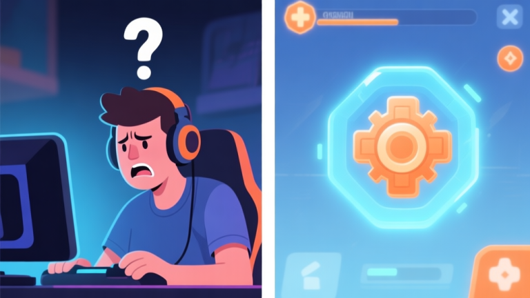 自动生成图片: A split-screen illustration showing a frustrated gamer on one side with a question mark above their head, and on the other side, a clear, glowing game UI element highlighting a specific mechanic, in a soft blue and orange color palette high quality illustration, detailed, 16:9