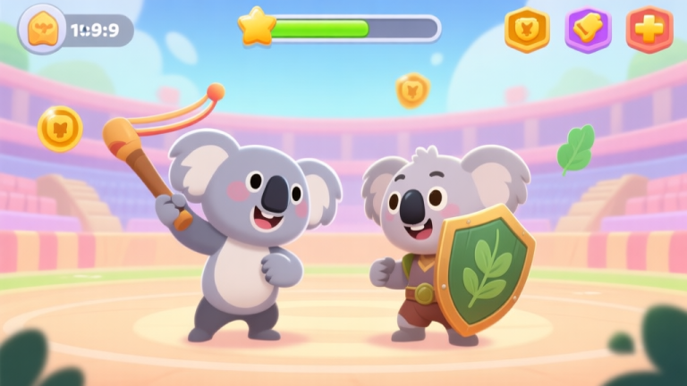 自动生成图片: A vibrant, friendly game scene showing two koala characters in a stylized arena, one holding a boomerang and the other a eucalyptus leaf shield, with a progress bar and reward icons floating in the background, soft pastel color palette high quality illustration, detailed, 16:9