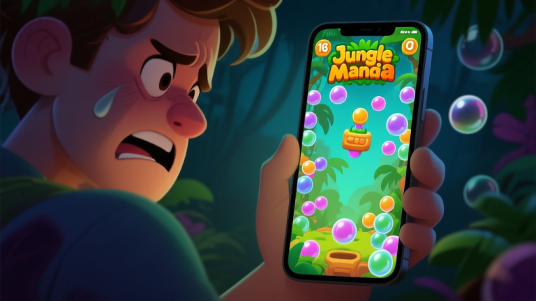 自动生成图片: A frustrated player looking at a smartphone screen showing a chaotic Jungle Bubble Shooter Mania level with many bubbles, soft jungle color palette, dim lighting to convey struggle high quality illustration, detailed, 16:9
