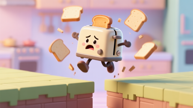 自动生成图片: A cute, slightly frustrated cartoon toaster character mid-jump over a gap, with toast slices flying out, soft pastel background of a kitchen-themed level, gentle lighting high quality illustration, detailed, 16:9