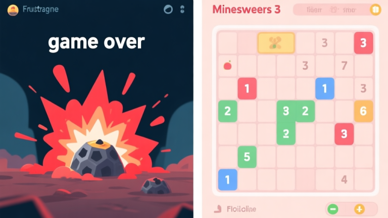 自动生成图片: A split-screen image showing the frustrating "game over" screen with a red mine explosion on one side, and a calm, logically solved section of a Minesweeper 3 board with clear numbers on the other, using a soft pastel color palette high quality illustration, detailed, 16:9