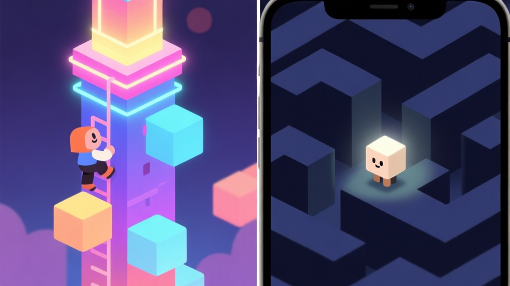 Side-by-side comparison of two distinct mobile game screens. Left side shows a vibrant, tall neon tower with glowing blocks and a small character climbing. Right side shows a minimalist, small square character navigating a dark maze with a single light source. Flat design style, soft color palette. high quality illustration, detailed, 16:9