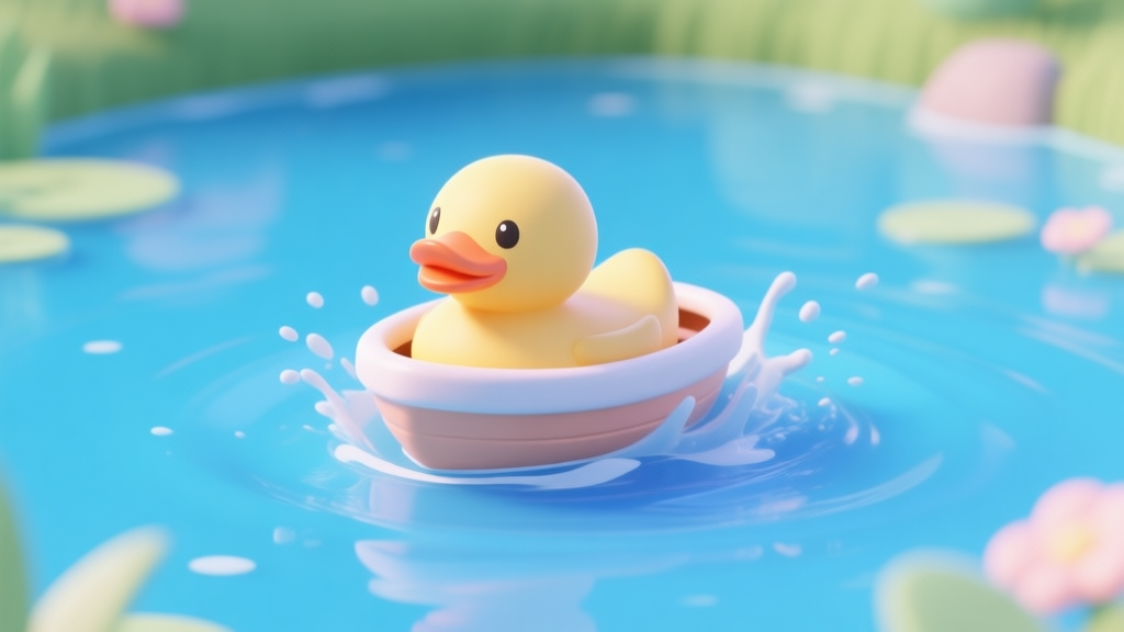 A cute, simple 3D render of a rubber duck boat spinning out on a vibrant blue pond, with gentle water splashes, cartoon style, soft pastel colors high quality illustration, detailed, 16:9