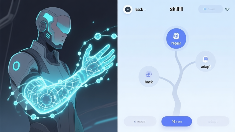 自动生成图片: A split-screen illustration showing a sci-fi character on one side with glowing, intricate nano-particles swirling around their arm, and on the other side, a minimalist UI of a game skill tree with nodes labeled "repair", "hack", and "adapt". Soft blue and grey color scheme. high quality illustration, detailed, 16:9