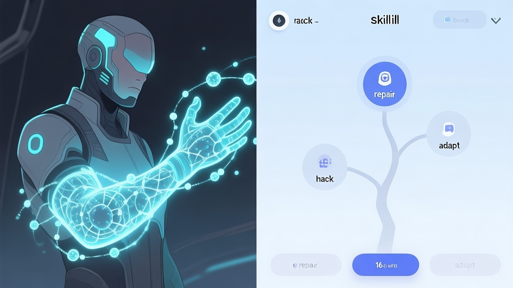 A split-screen illustration showing a sci-fi character on one side with glowing, intricate nano-particles swirling around their arm, and on the other side, a minimalist UI of a game skill tree with nodes labeled "repair", "hack", and "adapt". Soft blue and grey color scheme. high quality illustration, detailed, 16:9