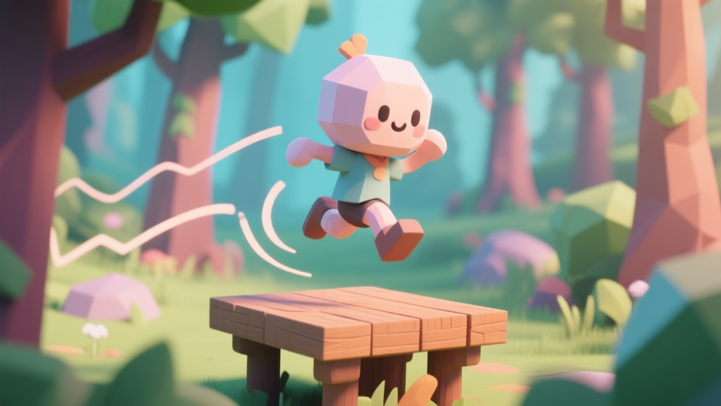 A cute, stylized 3D game character mid-bounce on a wooden platform in a vibrant forest, motion lines showing trajectory, soft pastel color palette, low-poly art style high quality illustration, detailed, 16:9