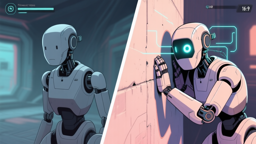 A split-screen illustration showing a robotic companion in a video game. Left side: static, following the player closely in a dull pose. Right side: dynamic, taking cover behind a wall, with a glowing eye and tactical lines indicating autonomous decision-making, soft sci-fi color palette high quality illustration, detailed, 16:9